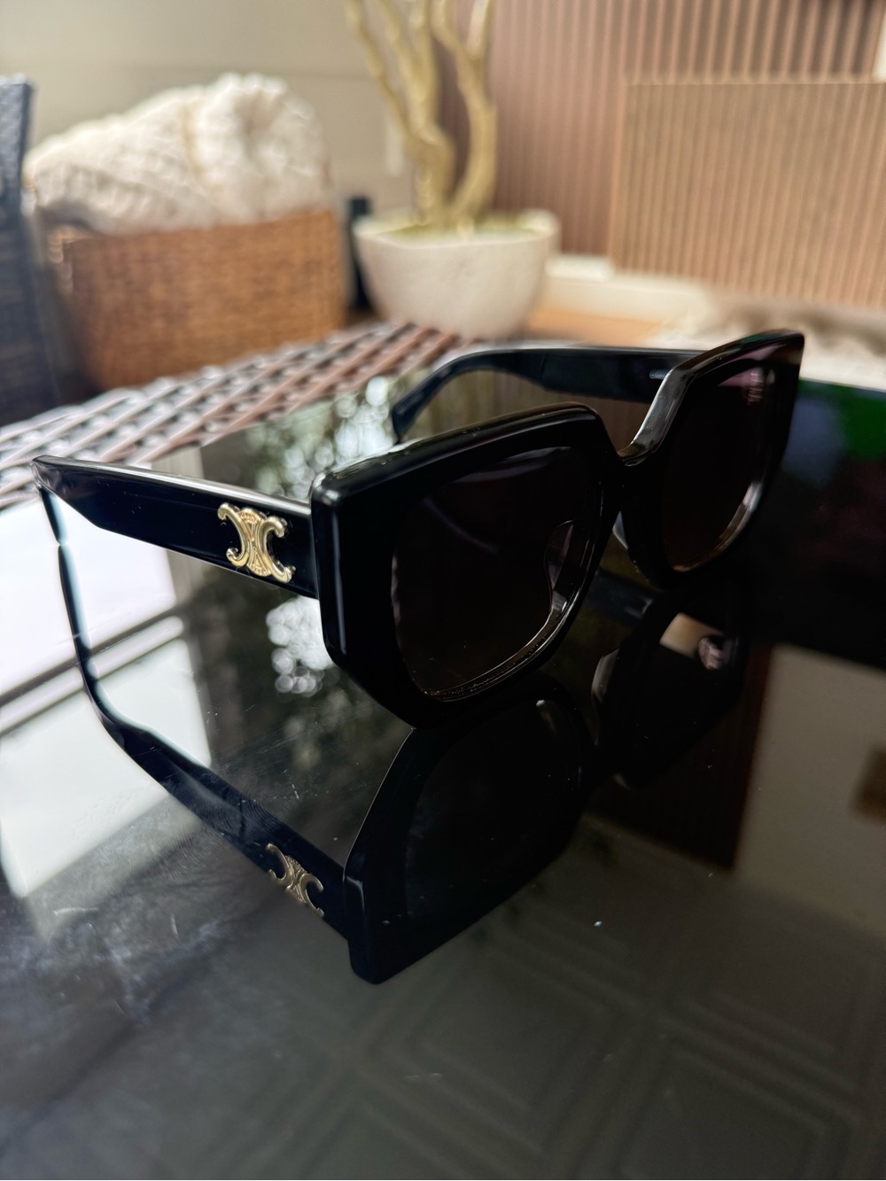 Celine Black Square Sunglasses with Gold Logo Accent